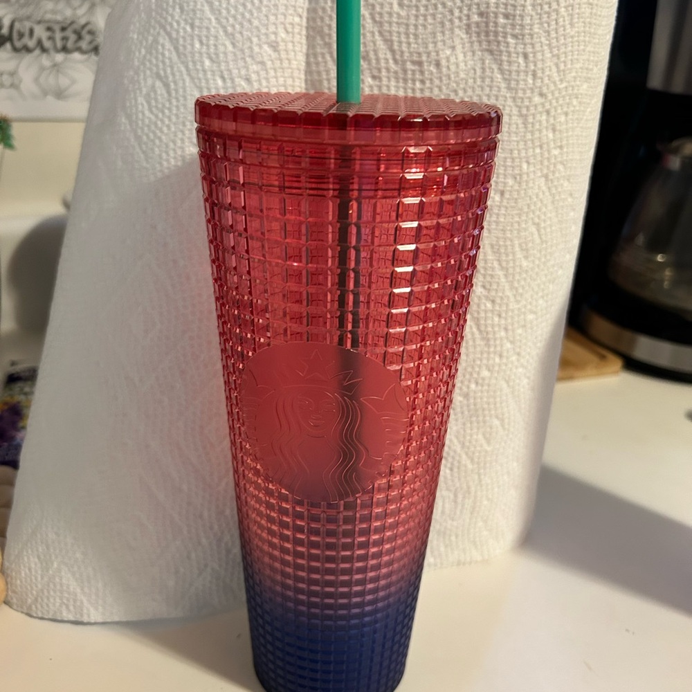 Starbucks Gradient Red and Blue Tumbler with Green Straw